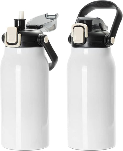 PYD Life Sublimation Water Bottles Vacuum Flasks 44 OZ White with Portable Sippy Up Lid and Straw Large Stainless Steel Travel Tumblers Cups Mugs for Tumbler Heat Press 2 Pack