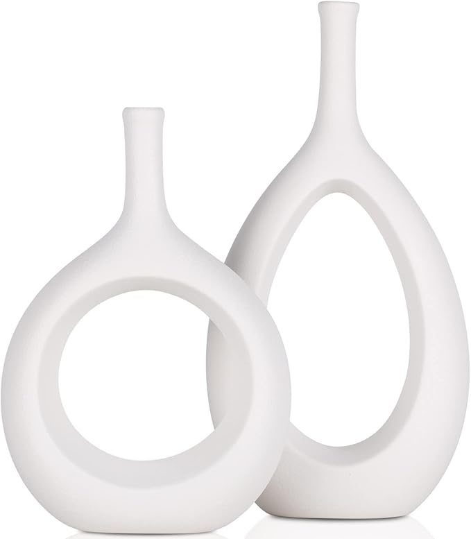 White Ceramic Vase Set 2,Modern Hollow Circle with Hole Flower Vase for Home Decor,for Table Centerpieces,Farmhouse,Fire Place,Living Room,Bedroom,Office,Bookshelf,Rustic Decor