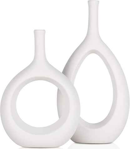 White Ceramic Vase Set 2,Modern Hollow Circle with Hole Flower Vase for Home Decor,for Table Centerpieces,Farmhouse,Fire Place,Living Room,Bedroom,Office,Bookshelf,Rustic Decor