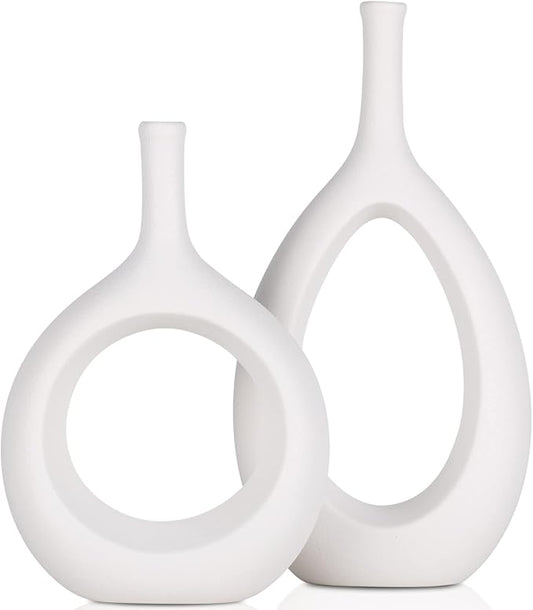 White Ceramic Vase Set 2,Modern Hollow Circle with Hole Flower Vase for Home Decor,for Table Centerpieces,Farmhouse,Fire Place,Living Room,Bedroom,Office,Bookshelf,Rustic Decor