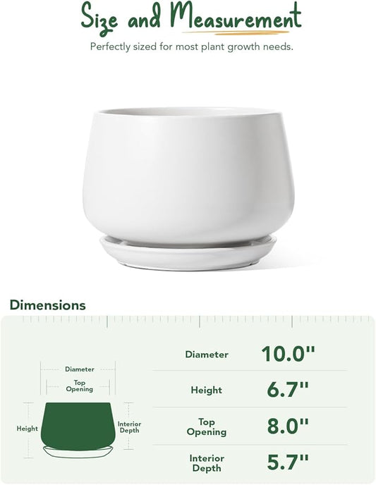 LE TAUCI Ceramic Pots for Plants, 10 Inch Plant Pot with Drainage Holes and Saucers, Stylish and Durable Planter, Plant Pots Indoor, Gift for Mom, White
