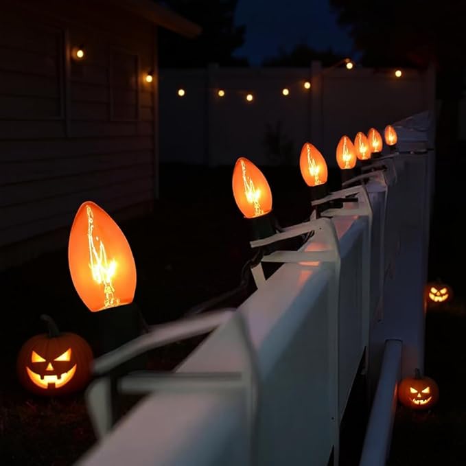 25 Pack C9 Clear Orange Light Bulbs,Orange Halloween Incandescent Bulbs for Indoor Outdoor Halloween Party Outside Lights,C9/E17 7Watt Chandeliers and Night Light Bulb