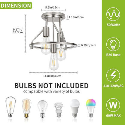 WILON Brushed Nickel Semi Flush Mount Ceiling Light - 3-Light Ceiling Light Fixtures Farmhouse Kitchen Light Industrial Hallway Light Fixtures E26 Socket Ceiling Lamp for Hallway Kitchen Foyer