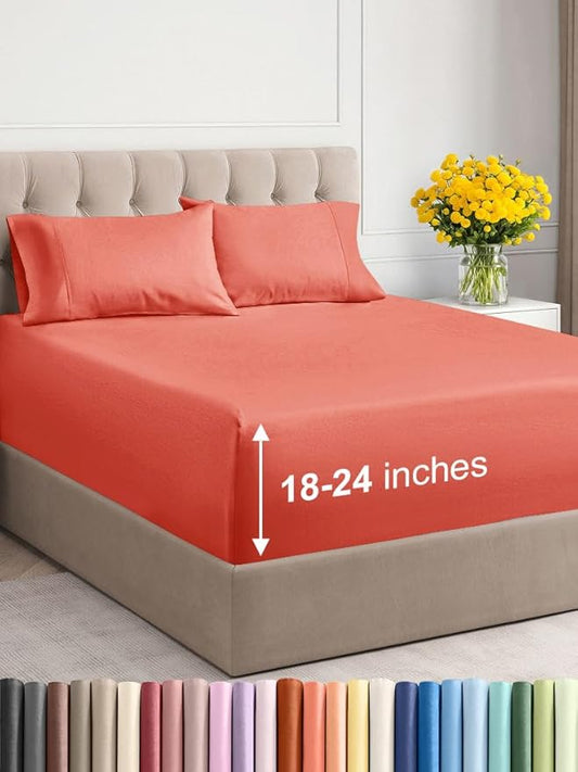 Extra Deep Twin XL Sheet Set - 4 Piece Breathable & Cooling Sheets - Hotel Luxury Bed Sheets Set - Easy & Secure Fit - Soft, Wrinkle Free & Comfy Sheets Set - Coral Sheet Set with Extra Deep Pockets