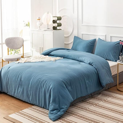 Cottonight Blue Comforter Sets California King Lake Blue Bedding Set Women Men Blanket Quilts Breathable Soft Solid Cal King Bedding Comforter Sets