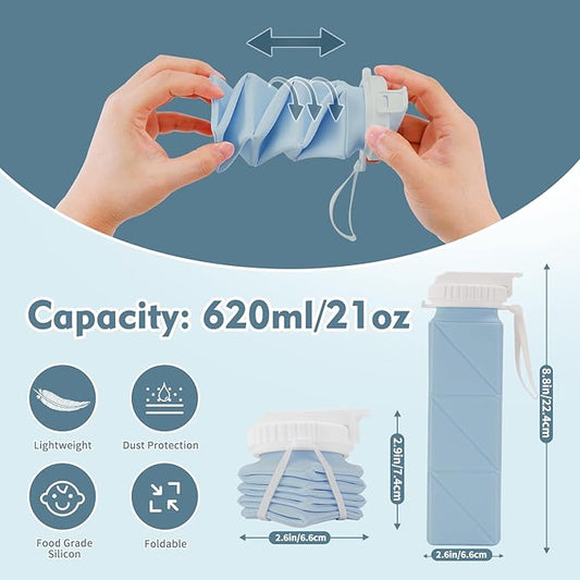 20 oz Water Bottle Collapsible | BPA Free Leakproof Lightweight Foldable Silicon Water Bottles | Twistable Water Cup | for Travel Gym Hiking Outdoor Camping Running Cycling Sports (Blue)