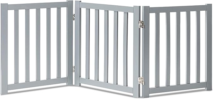 LZRS 3-Panel Wooden Free Standing Foldable Dog Gate – 24" High,Step-Over Safety Pet Gate for Doorways, Stairs, Hallways, Indoor Dog Barrier for Small to Medium Dogs & Puppies, Grey