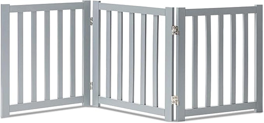 LZRS 3-Panel Wooden Free Standing Foldable Dog Gate – 24" High,Step-Over Safety Pet Gate for Doorways, Stairs, Hallways, Indoor Dog Barrier for Small to Medium Dogs & Puppies, Grey