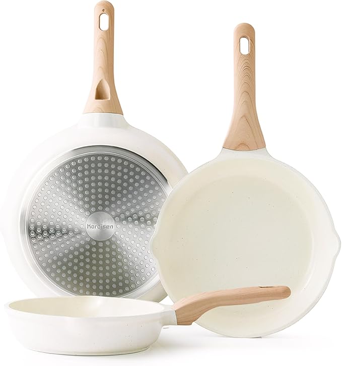 Kordisen Nonstick Ceramic Frying Pan Set, 3 Piece Ceramic Skillet Set, Healthy Non Toxic Cooking Pan, Stay-Cool Handle, Induction Compatible, PFOA & PFAS Free, White(9.5, 11, 12.5 Inch)