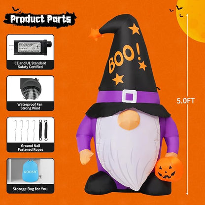 GOOSH 5 FT Halloween Inflatables Gnomes Outdoor Decorations Blow Up Yard Cute Gnomes Helding Pumpkin with Built-in LEDs for Garden Lawn Indoor Party Decor