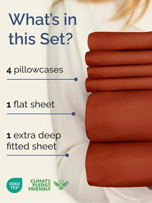 Extra Deep Queen Sheet Set - 6 Piece Breathable & Cooling Sheets - Hotel Luxury Bed Sheets Set - Easy & Secure Fit - Soft, Wrinkle Free & Comfy Sheets Set - Terracotta Sheet Set w/Extra Deep Pockets