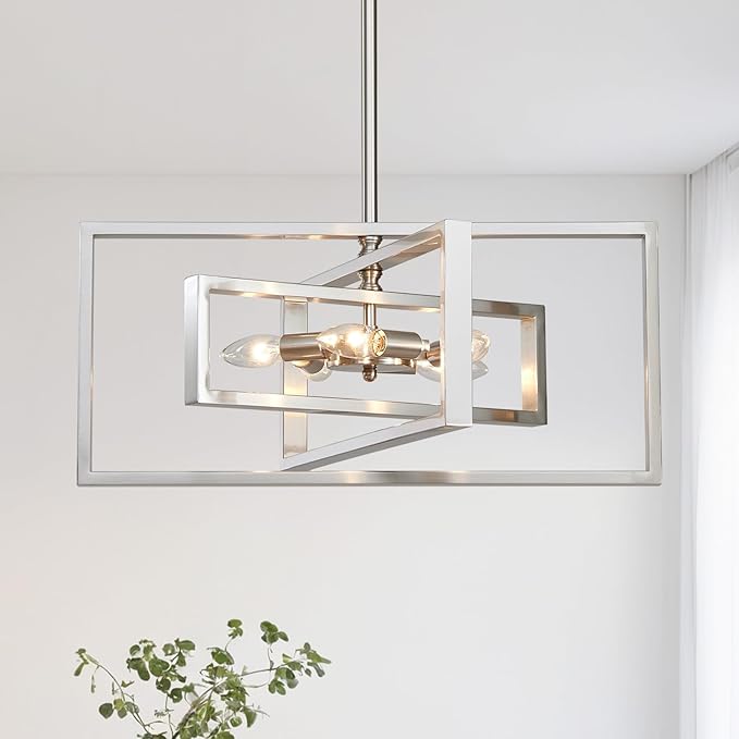 Industrial Chandelier, 5-Light Modern Geometric Ceiling Light Fixture, 22" Adjustable Height Pendant Lighting for Living Room Foyer Entryway Dining Room Brushed Nickel
