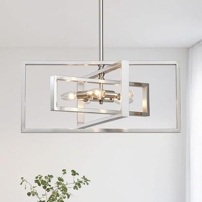 Industrial Chandelier, 5-Light Modern Geometric Ceiling Light Fixture, 22" Adjustable Height Pendant Lighting for Living Room Foyer Entryway Dining Room Brushed Nickel