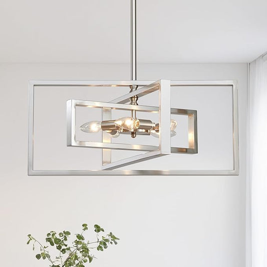 Industrial Chandelier, 5-Light Modern Geometric Ceiling Light Fixture, 22" Adjustable Height Pendant Lighting for Living Room Foyer Entryway Dining Room Brushed Nickel
