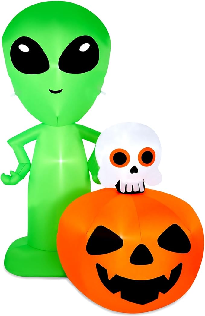 CAMULAND 6.8FT Halloween Inflatable Alien with Pumpkin Decorations Halloween Inflatable Blow Up Decor with Built-in LED Lights Outdoor Inflatable Decoration for Garden, Lawn, Yard