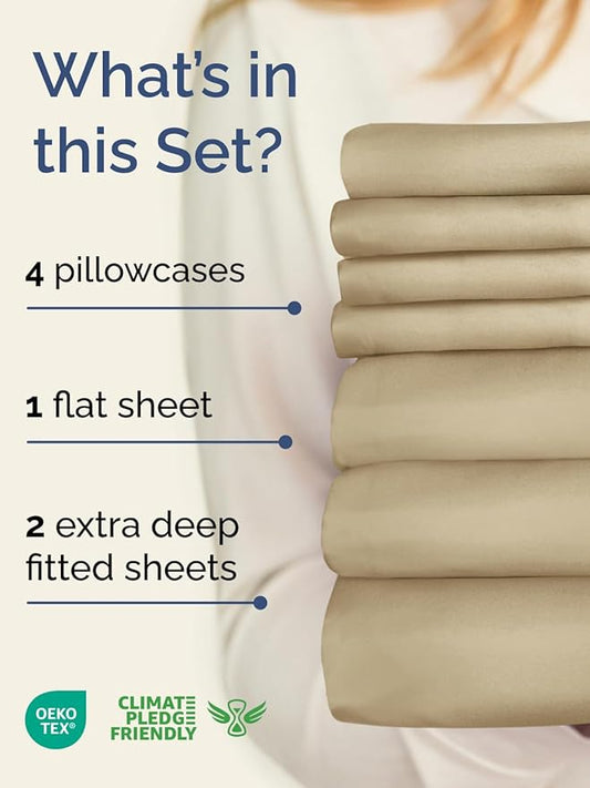 Extra Deep Split King Sheet Set - 7 Piece Breathable & Cooling Sheets - Hotel Luxury Bed Sheets Set - Easy & Secure Fit - Soft, Wrinkle Free & Comfy Sheets Set - Beige Sheet Set w/Extra Deep Pockets