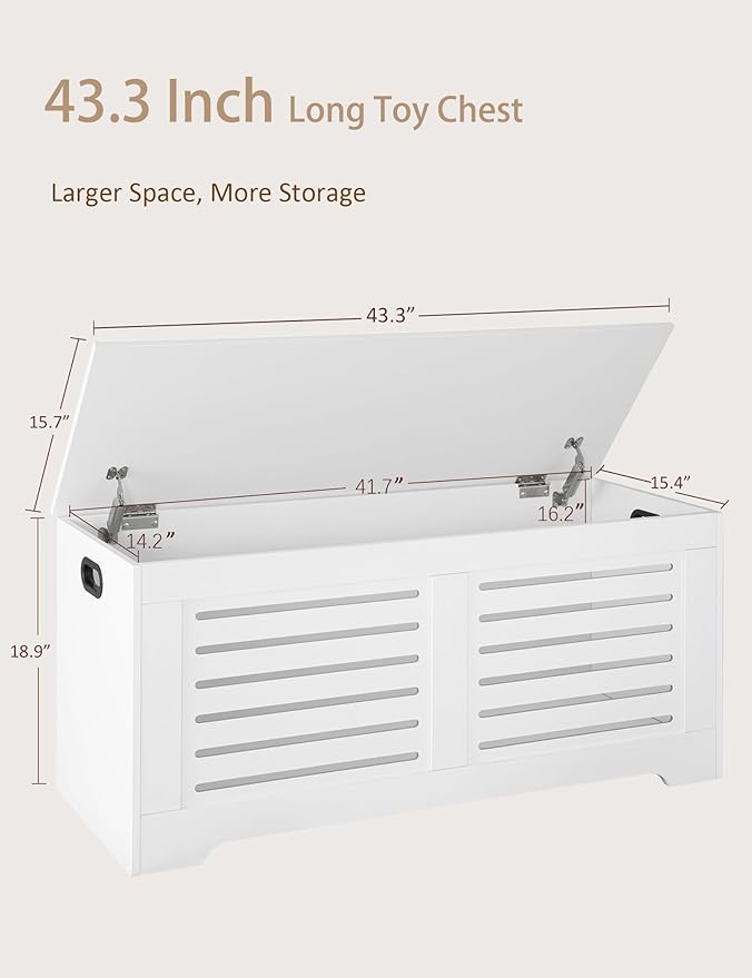 DINZI LVJ Storage Chest, 43.3” Wooden Toy Box with 2 Safety Hinges, Retro Entryway Shoe Storage Bench with Flip-Top, Sturdy Large Storage Trunk for Living Room, Bedroom, Easy Assembly, White