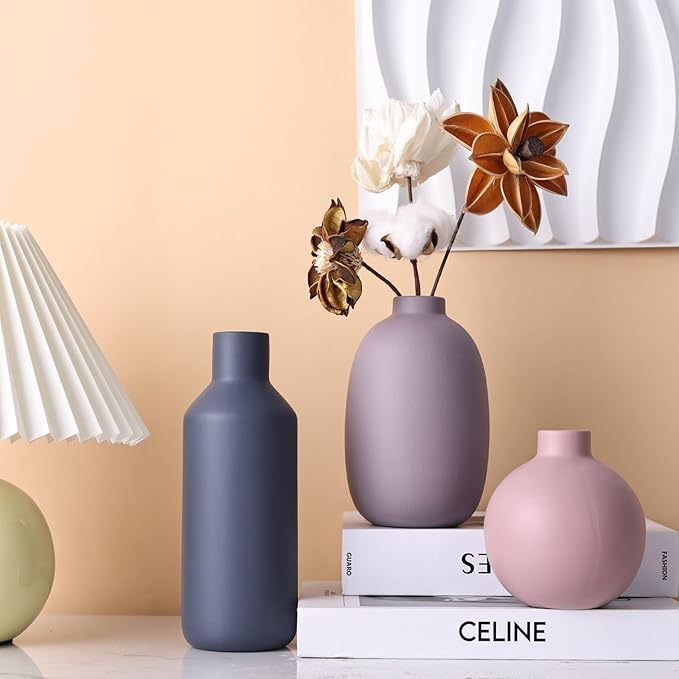 Small Ceramic Modern Farmhouse Vase,Purple Pink Blue Vase,Minimalist Vases Home Decor,Organic Modern Home Decor for Table,Living Room,Bookshelf,Entryway Drinking Fireplace Décor,Set of 3 (A)