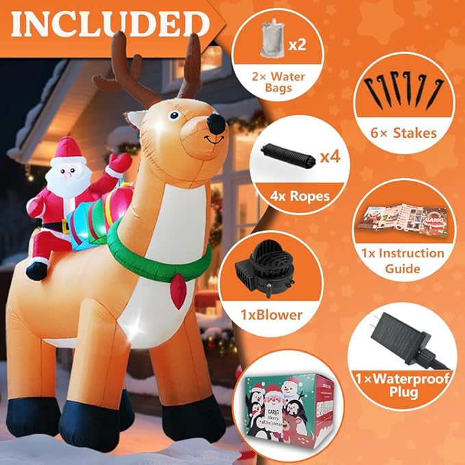 GARIG 10FT Christmas Inflatables Reindeer and Santa Claus Outdoor Decorations, Christmas Blow Up Yard Decorations with Built-in LEDs for Xmax Outdoor Party, Yard, Garden
