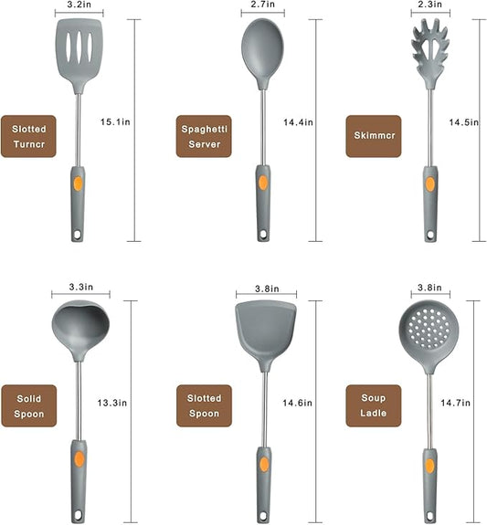 Silicone Kitchen Cooking Utensils Set 6pcs with Stainless steel Handle, Spatula Set Utensil Set, Cooking Utensil Set,Kitchen Tools for Nonstick Cookware