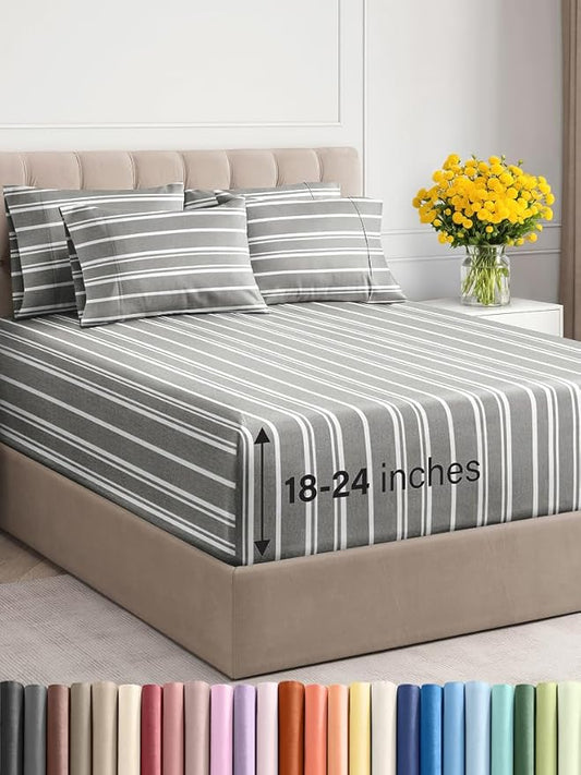 Extra Deep Queen Sheet Set - 6 Piece Breathable and Cooling Sheets - Hotel Luxury Bed Sheets Set - Easy Fit - Soft, Wrinkle Free and Comfy Sheets Set - Grey Striped Sheet Set with Extra Deep Pockets