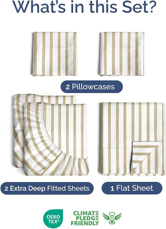 Extra Deep Split King Sheet Set - 7 Piece Breathable & Cooling Sheets - Hotel Luxury Bed Sheets Set - Easy Fit - Soft, Wrinkle Free & Comfy Sheets Set - Beige Striped Sheet Set w/Extra Deep Pockets