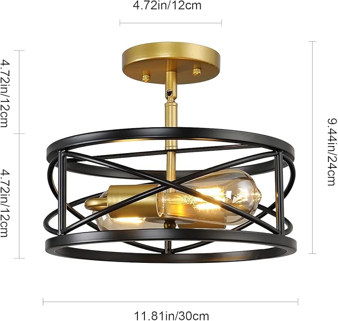 Semi Flush Mount Ceiling Light Fixtures, 2-Light Modern Kitchen Ceiling Light Farmhouse Industrial Sloped Ceiling Lighting with for Metal Drum Cage Hallway Bedroom Stair, Black and Gold