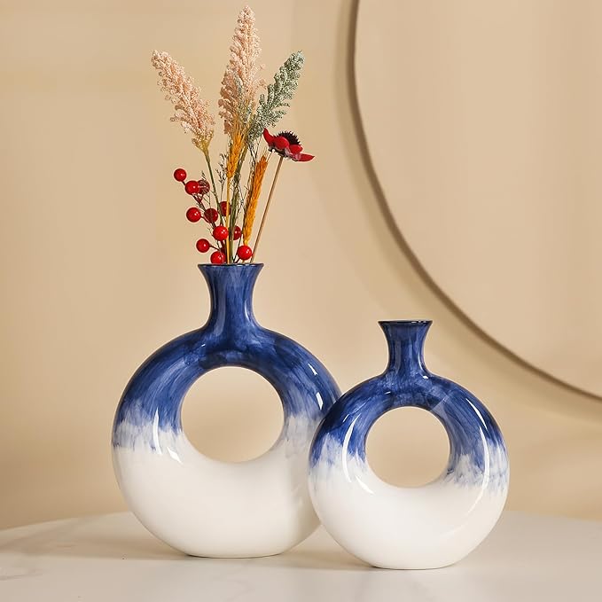 Ceramic Donut Vase Set of 2 - Blue and White Circle Decorative Vases for Home Decor, Centerpieces, Boho Pampas, Office, Wedding, Dinner Table, Living Room - Modern Flower Design