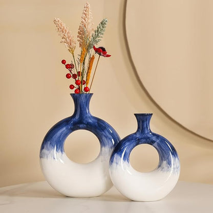 Ceramic Donut Vase Set of 2 - Blue and White Circle Decorative Vases for Home Decor, Centerpieces, Boho Pampas, Office, Wedding, Dinner Table, Living Room - Modern Flower Design