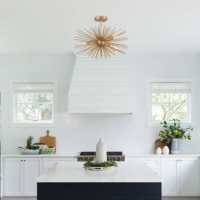 Modern 20" Gold Sputnik Light Fixture 4-Light Modern Semi Flush Mount Ceiling Light Solid Metal Golden Starburst Sputnik Chandelier for Dining Room, Bedroom, Kitchen, Laundry Room, Foyer