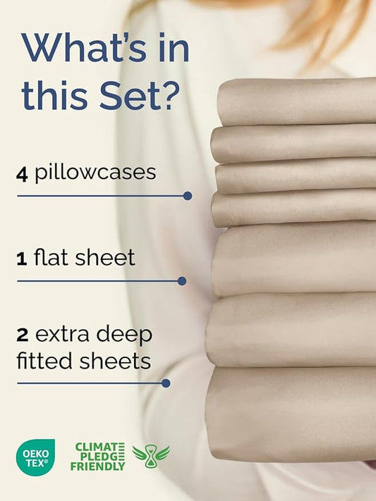 Extra Deep Split King Sheet Set - 7 Piece Breathable & Cooling Sheets - Hotel Luxury Bed Sheets Set - Easy & Secure Fit - Soft, Wrinkle Free & Comfy Sheets Set - Wheat Sheet Set w/Extra Deep Pockets
