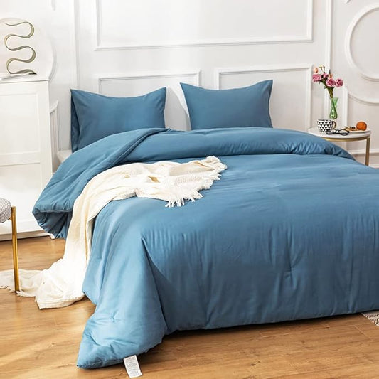 Cottonight Blue Comforter Sets California King Lake Blue Bedding Set Women Men Blanket Quilts Breathable Soft Solid Cal King Bedding Comforter Sets