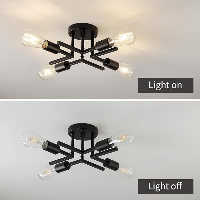 Industrial 4-Lights Semi Flush Mount Ceiling Light Fixture Modern Metal Black Sputnik Chandeliers with E26 Bulb Base Close to Ceiling Light for Kitchen Dining Room Living Room Hallway Bedroom Entryway