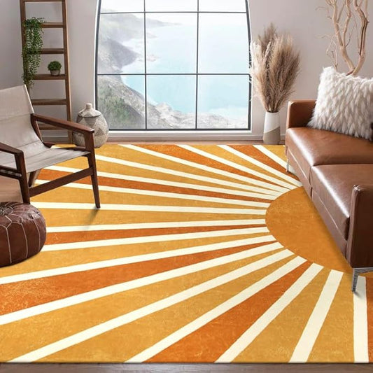 Lahome Sun Print Washable Area Rugs 9x12 Living Room Non-Slip Backing Ultra-Thin Extra Large Rug Lightweight Throw Non Shedding Dining Room Rug，Boho Rainbow Carpet for Bedroom Guest Room Office Home
