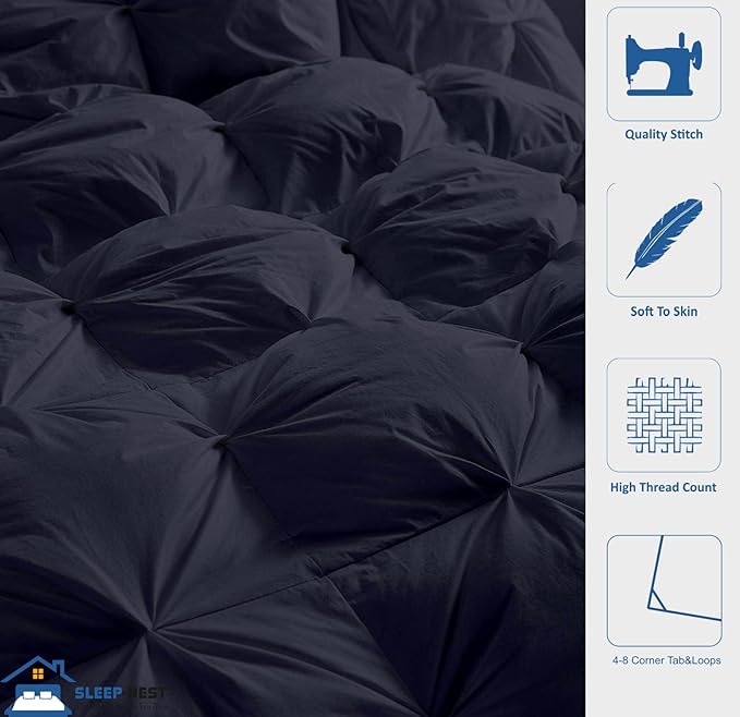 SLEEP-NEST All Season Luxury - Grand King Comforter 106 x 106 Breathable Bedding 1 Piece Down Alternative Pinch Pleat Comforter with 8 Corner Tabs - Ultra Soft, Lightweight Quilt - Navy Blue