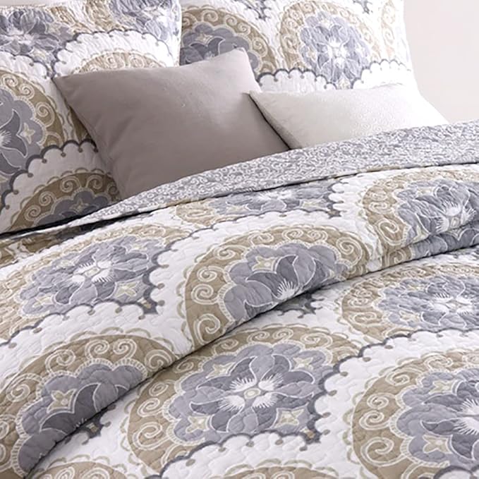 mixinni Mandala Bedspread Quilt Sets 100% Cotton 3-Piece Blue Grey Reversible Lightweight Coverlet Set with Shams for All-Season-(3pcs, Queen Size)