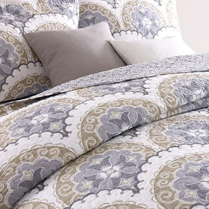 mixinni Mandala Bedspread Quilt Sets 100% Cotton 3-Piece Blue Grey Reversible Lightweight Coverlet Set with Shams for All-Season-(3pcs, Queen Size)