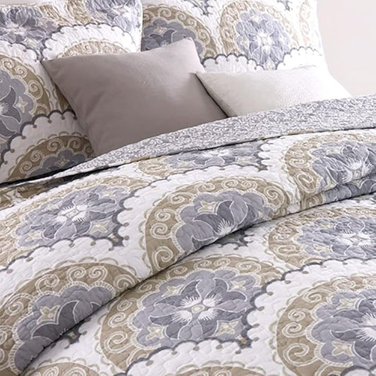 mixinni Mandala Bedspread Quilt Sets 100% Cotton 3-Piece Blue Grey Reversible Lightweight Coverlet Set with Shams for All-Season-(3pcs, Queen Size)