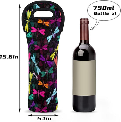 Dragonfly Ornaments Wine Gift Tote Carrier Black Purple Neoprene Wine Tote Bags Holder Cooler Wine Lover Gift
