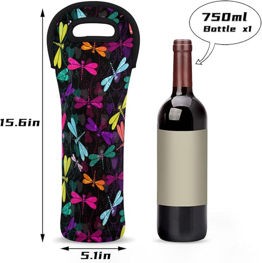Dragonfly Ornaments Wine Gift Tote Carrier Black Purple Neoprene Wine Tote Bags Holder Cooler Wine Lover Gift