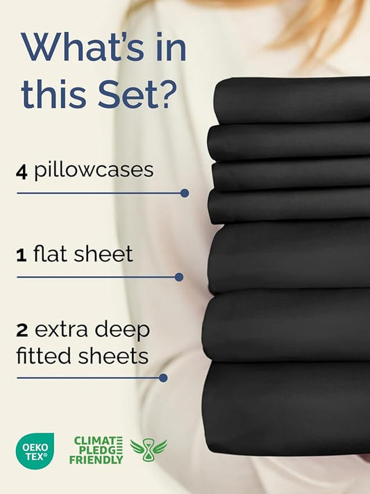 Extra Deep Split King Sheet Set - 7 Piece Breathable & Cooling Sheets - Hotel Luxury Bed Sheets Set - Easy & Secure Fit - Soft, Wrinkle Free & Comfy Sheets Set - Black Sheet Set w/Extra Deep Pockets