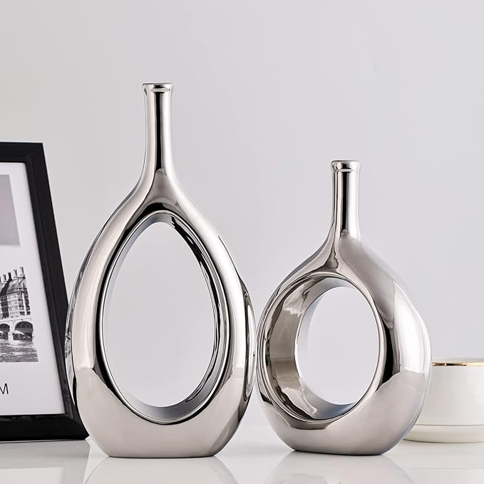 Glossy Silve Ceramic Vase Set 2,Modern Hollow Circle with Hole Flower Vase for Home Decor,for Table Centerpieces,Farmhouse,Fire Place,Living Room,Bedroom,Office,Bookshelf,Rustic Decor
