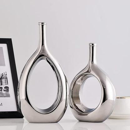 Glossy Silve Ceramic Vase Set 2,Modern Hollow Circle with Hole Flower Vase for Home Decor,for Table Centerpieces,Farmhouse,Fire Place,Living Room,Bedroom,Office,Bookshelf,Rustic Decor