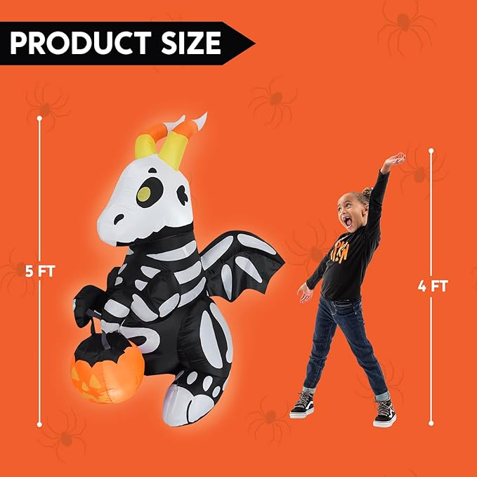 Joiedomi 5 FT Tall Halloween Inflatables Outdoor Decorations, Blow Ups Skeleton Halloween Decor Inflatable Skeleton Dragon with Build-in LEDs for Outside Yard Decorations