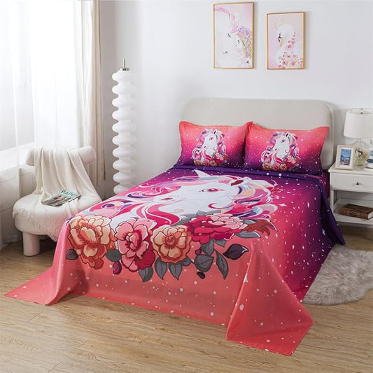 qjmiaofang Unicorn Sheets Full Girls Pink Unicorn Bed Sheet Set 3Pieces Rainbow Sheets Princess Unicorn Fitted Sheet Flowers Unicorn Flat Sheet with 1 Flat Sheet 1 Fitted Sheet 2 Pillow Shams