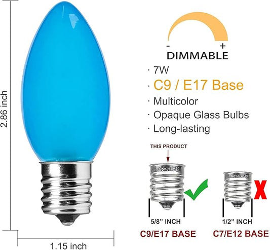 25 Pack Multicolor Christmas Bulbs C9 Ceramic Replacement Bulbs for Outdoor String Light, Light Bulbs E17 Intremediate Base 7 Watt Night Lights, Colored Christmas Tree Light Lights