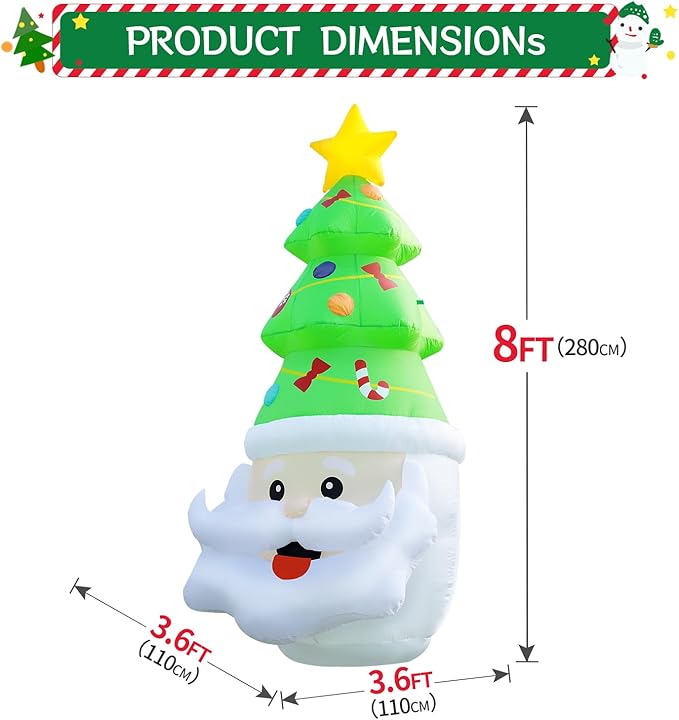 DomKom 8FT Christmas Inflatable Santa Claus and Tree Decoration, Built-in LED Lights Blow Up for Party Lawn Holiday Winter Outdoor Decor