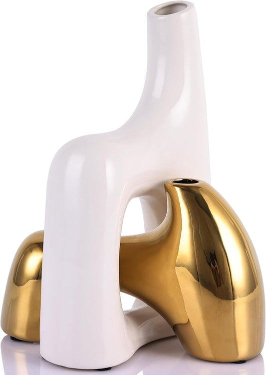 intertwining vase Set Snuggle Hollow Ceramic vase Set of 2 White and Gold vase Modern Boho Home Decor for Neutral Minimalist Vase for Dining Room Table Centerpiece Dining Room,Wedding Table Deco