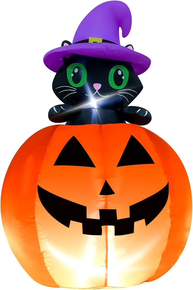 4FT Halloween Inflatable Decor Lifting Cat Pumpkins with LED Lights Indoor Outdoor Blow Up Decoration Halloween Party Holiday Decoration