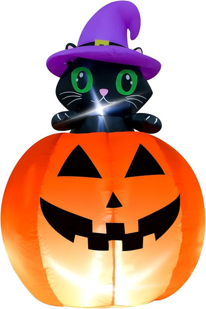 4FT Halloween Inflatable Decor Lifting Cat Pumpkins with LED Lights Indoor Outdoor Blow Up Decoration Halloween Party Holiday Decoration